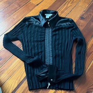 Cabi Black collared, ribbed zippered sweater top, size M